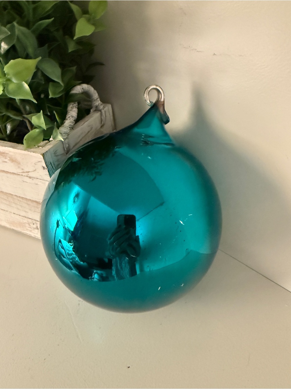 Department 56 Mercury Glass Teal Christmas Ball Ornament 4” w/Original Box VTG